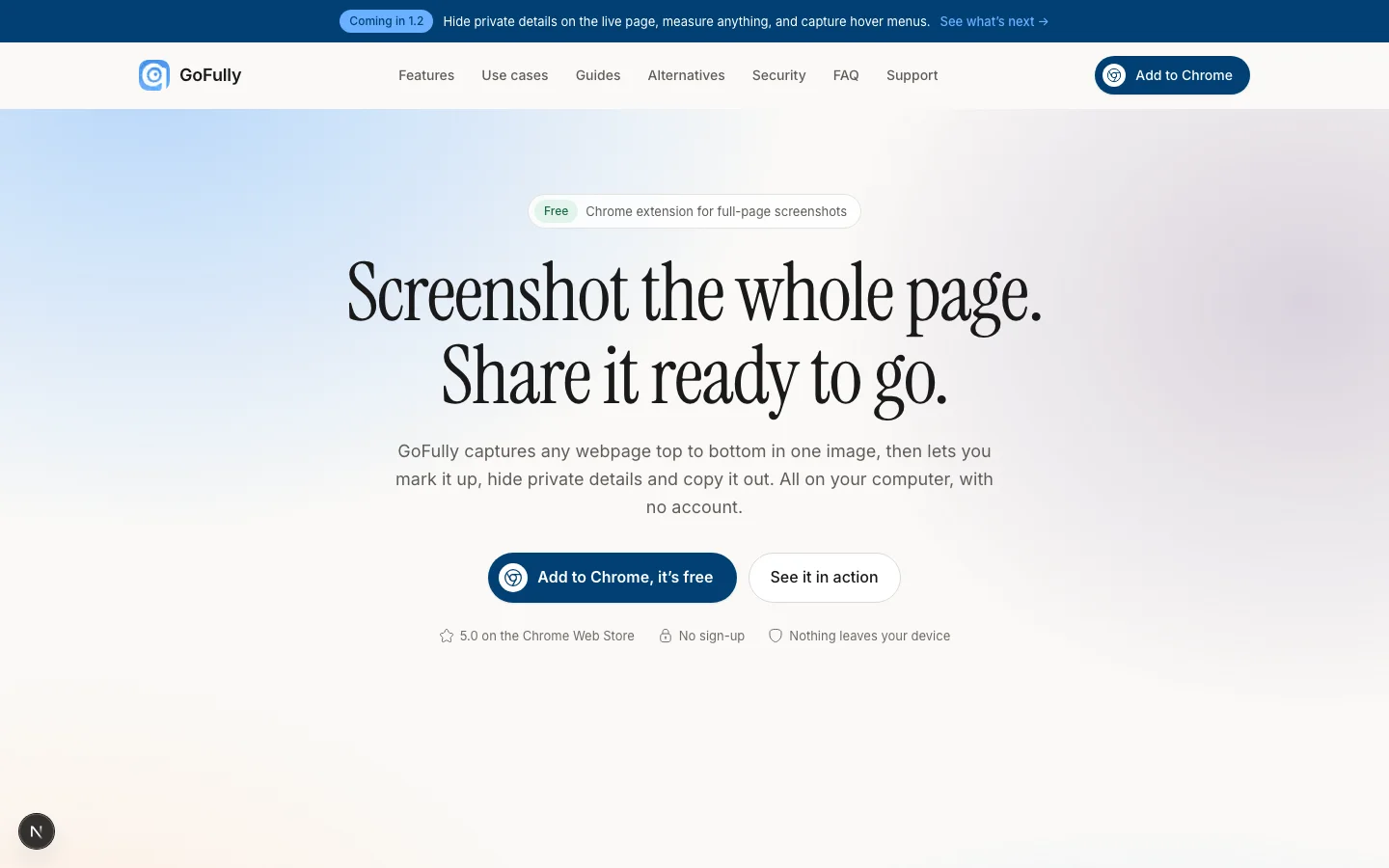 Redesigned GoFully website hero: Screenshot the whole page. Share it ready to go, set in an editorial serif on a soft sky gradient, with one Add to Chrome button