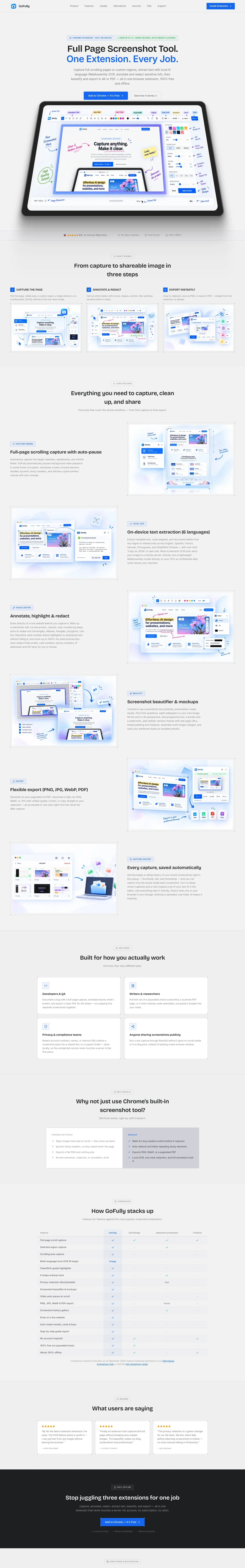 The full old landing page: repeated tablet mockups, feature blocks, a comparison table and testimonials
