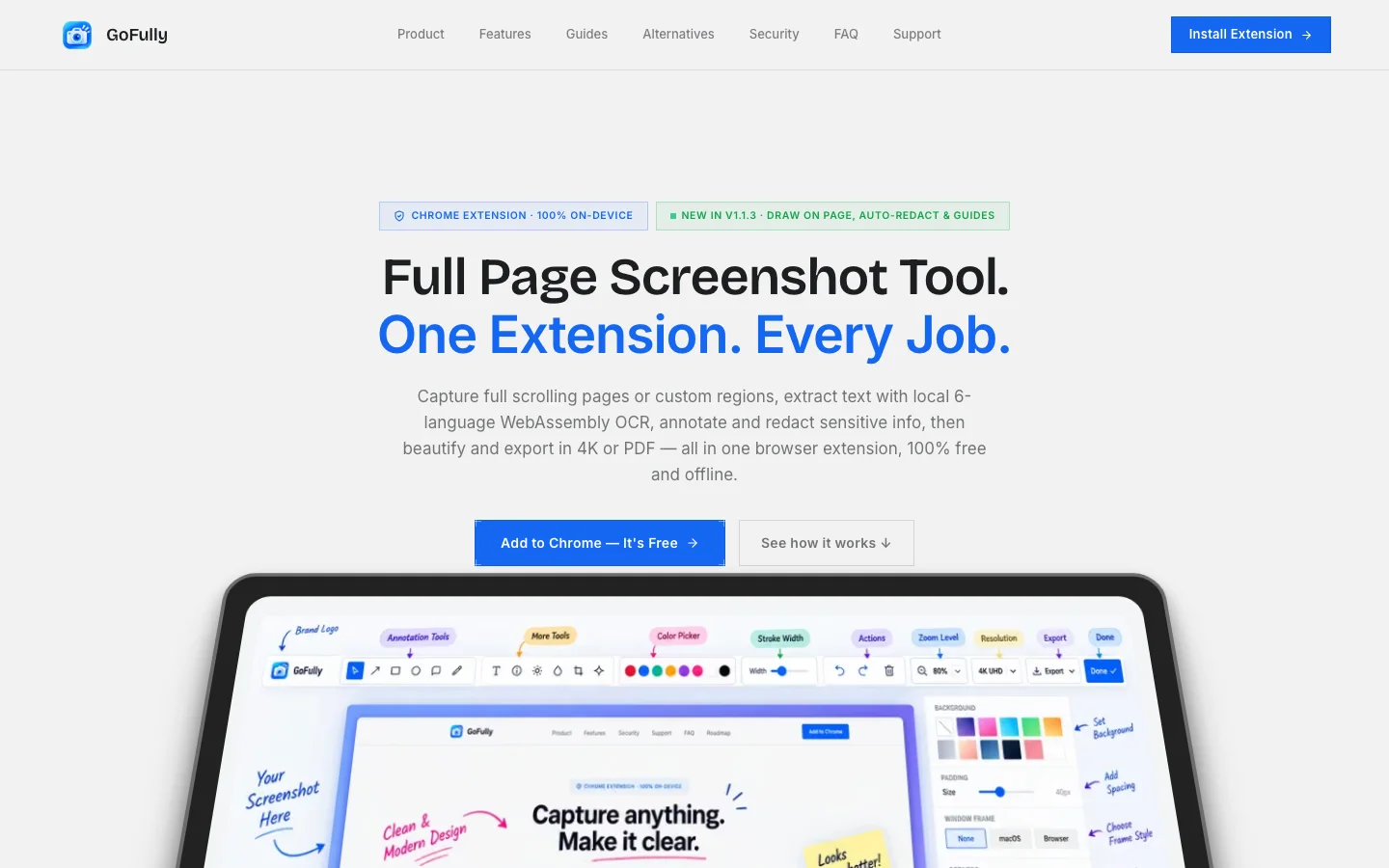 Old GoFully website hero: Full Page Screenshot Tool. One Extension. Every Job., with two badge pills, a long feature paragraph and a tablet mockup covered in handwritten callouts