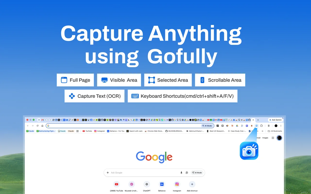 Old Chrome Web Store screenshot: Capture Anything using Gofully, with capture mode chips over a Google homepage