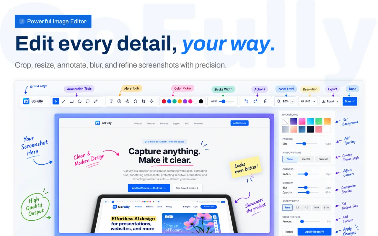 Old Chrome Web Store screenshot: Edit every detail, your way, with an annotated editor mockup