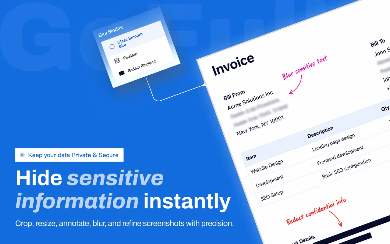 Old Chrome Web Store screenshot: Hide sensitive information instantly, with a tilted invoice