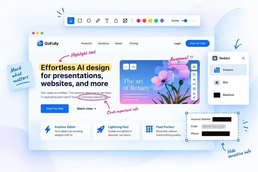 Old GoFully annotation toolbar over a website, with handwritten callouts