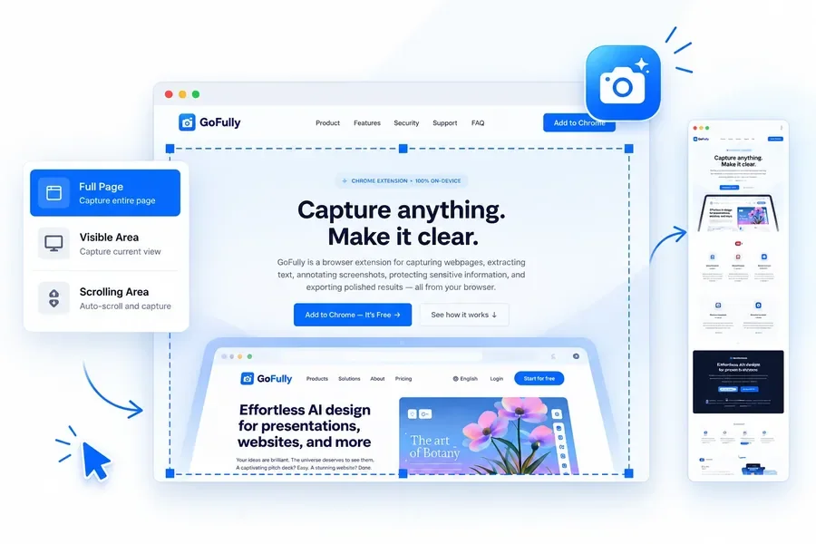 Old GoFully popup with capture modes, shown over a website mockup