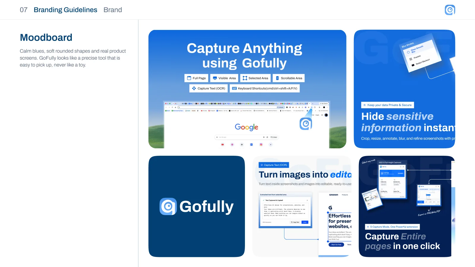 Brand moodboard slide: calm blues, soft rounded shapes and real product screens