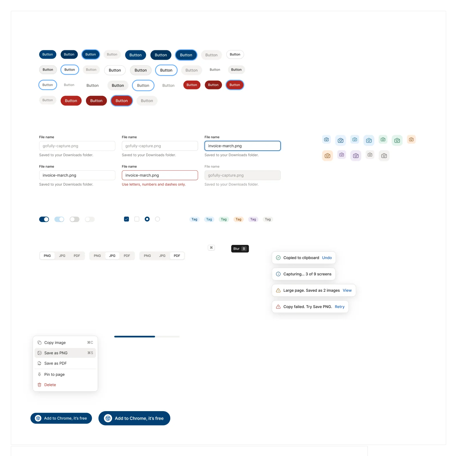 Design System v2 components page: buttons, chips, inputs, toasts and menus