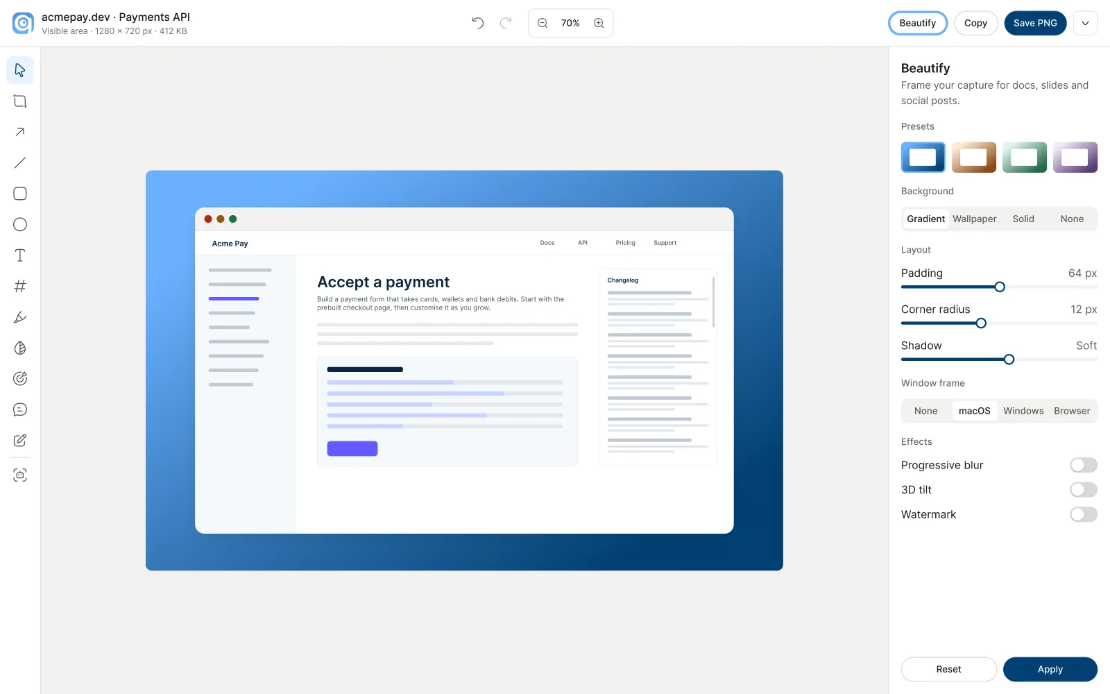 Beautify: the capture on a blue gradient background with padding and shadow