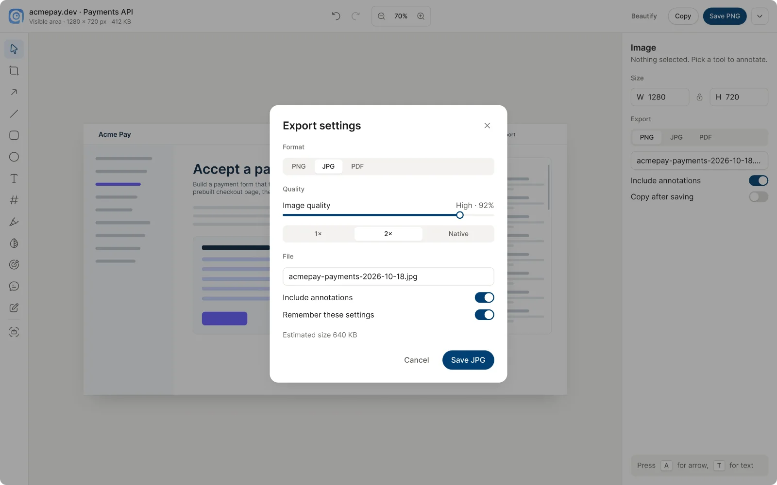 Export settings dialog