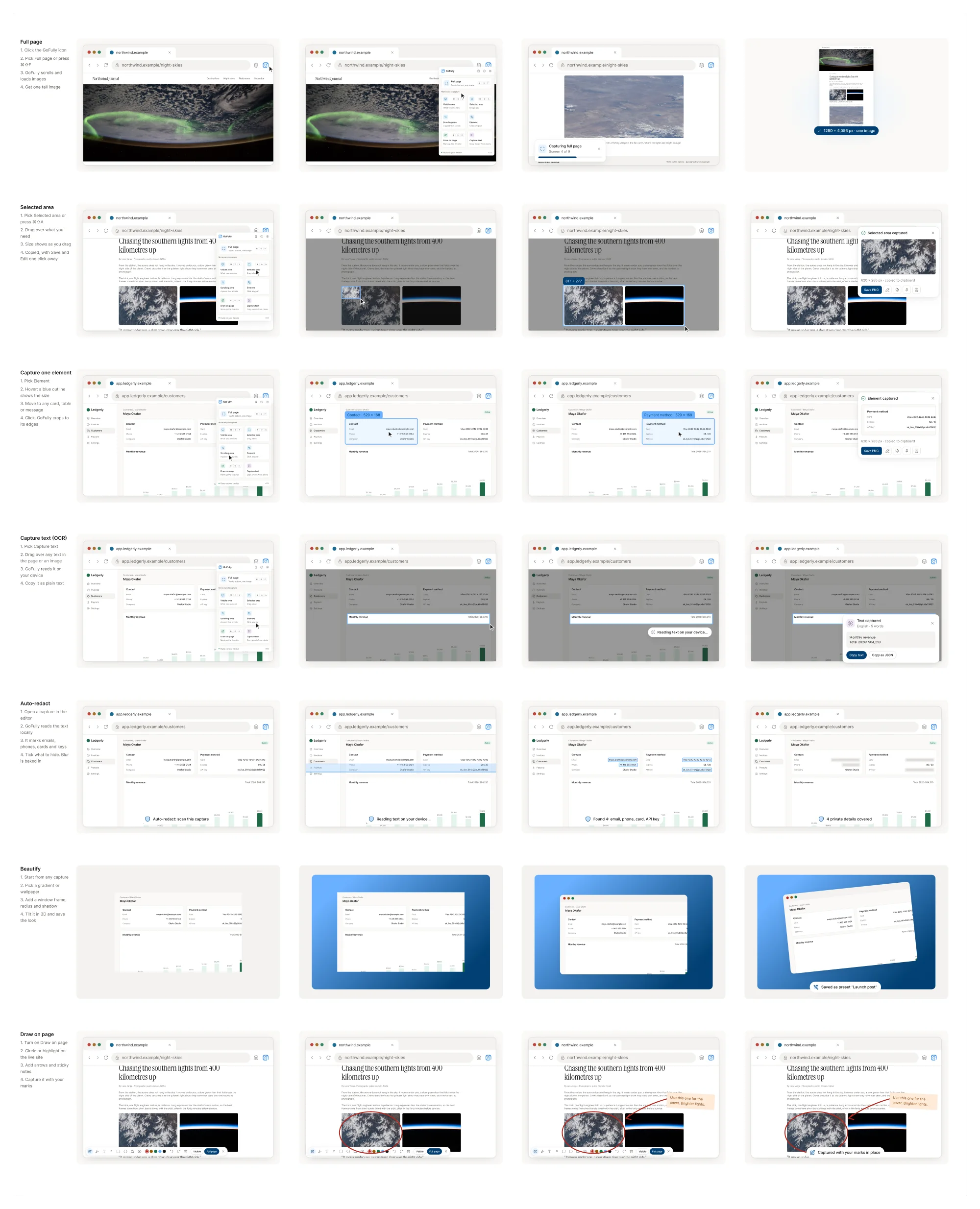 Storyboard frames for each feature demo on the landing page