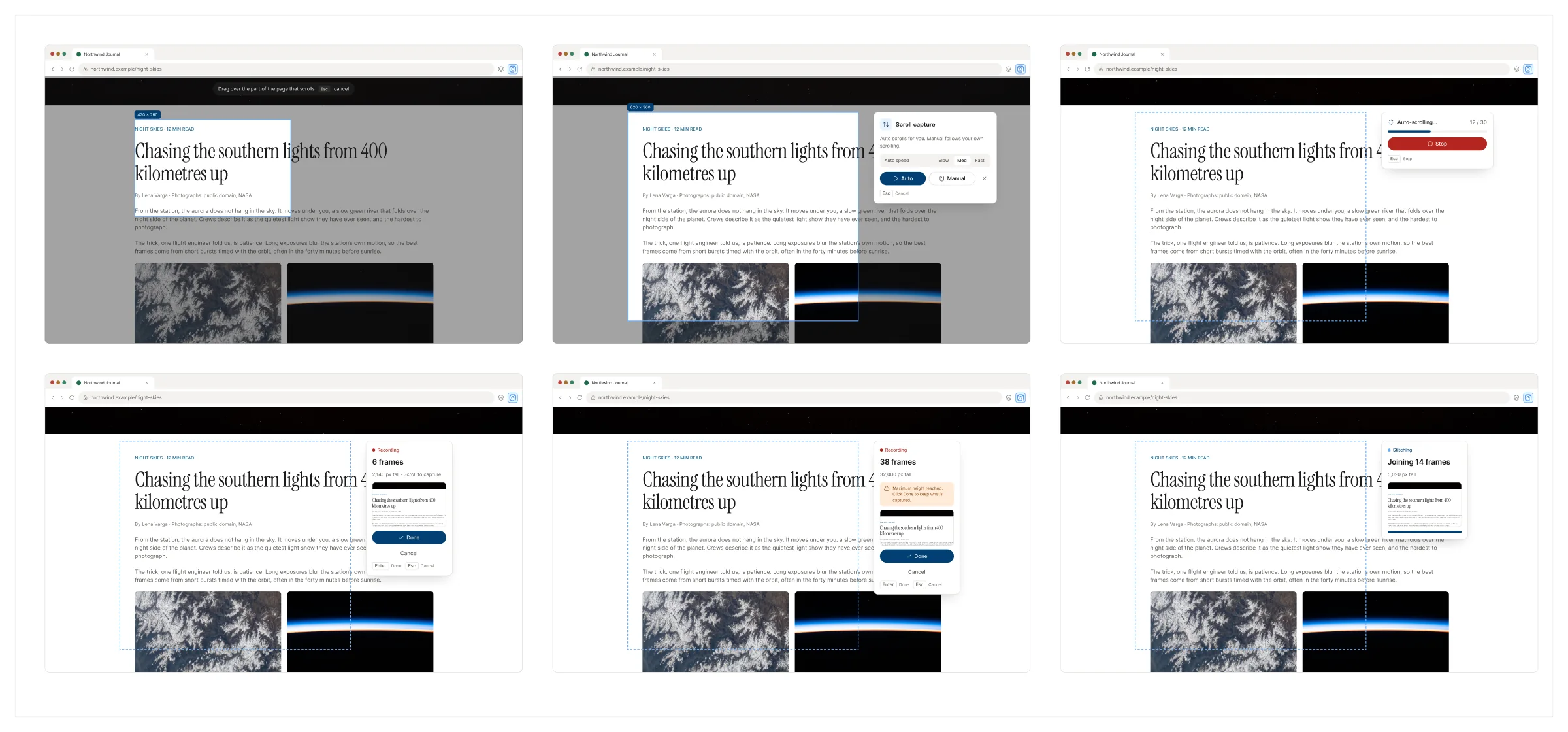 Six-step storyboard of a scroll capture moving down a long article