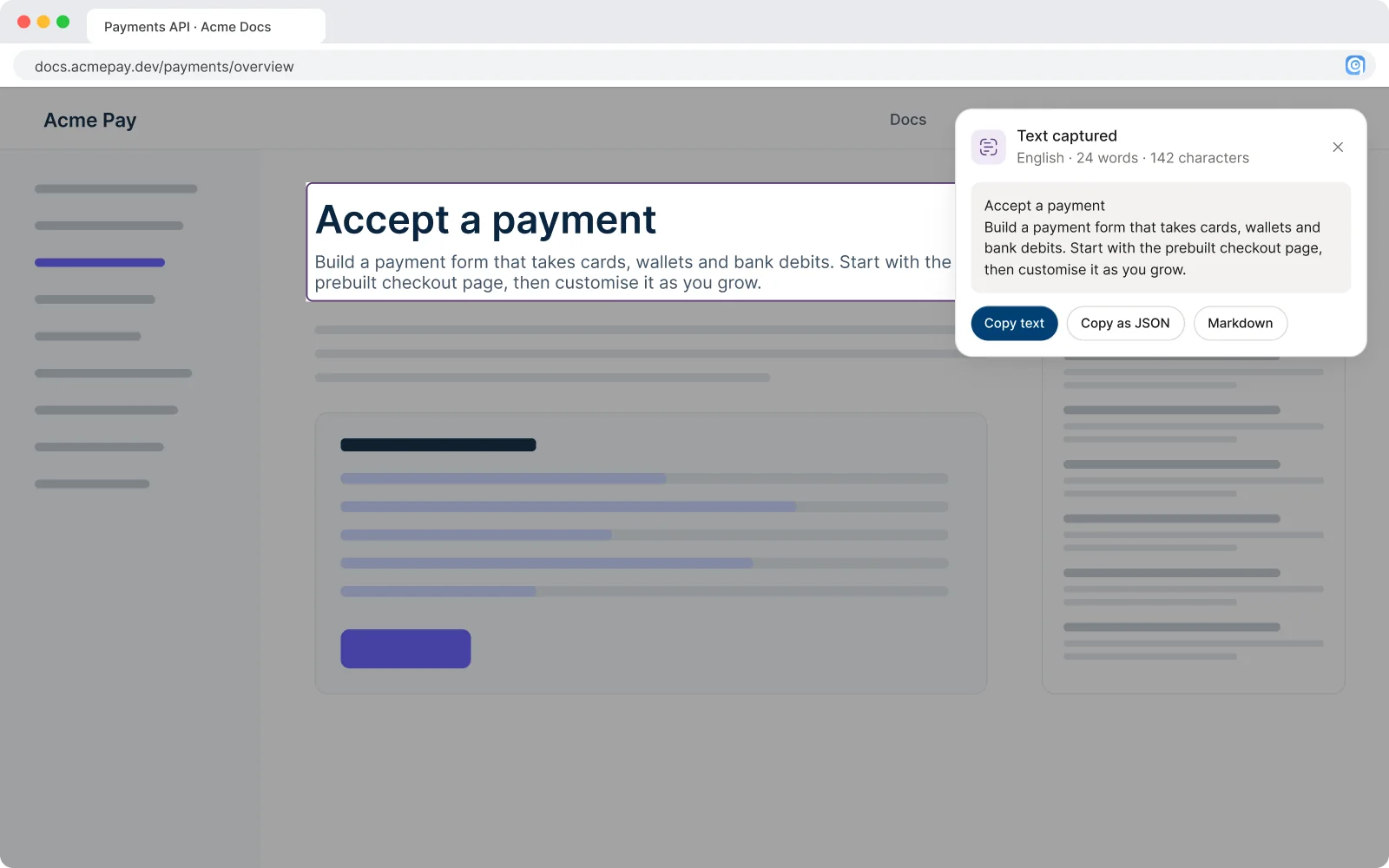 Overlay: text captured from the page, ready to copy