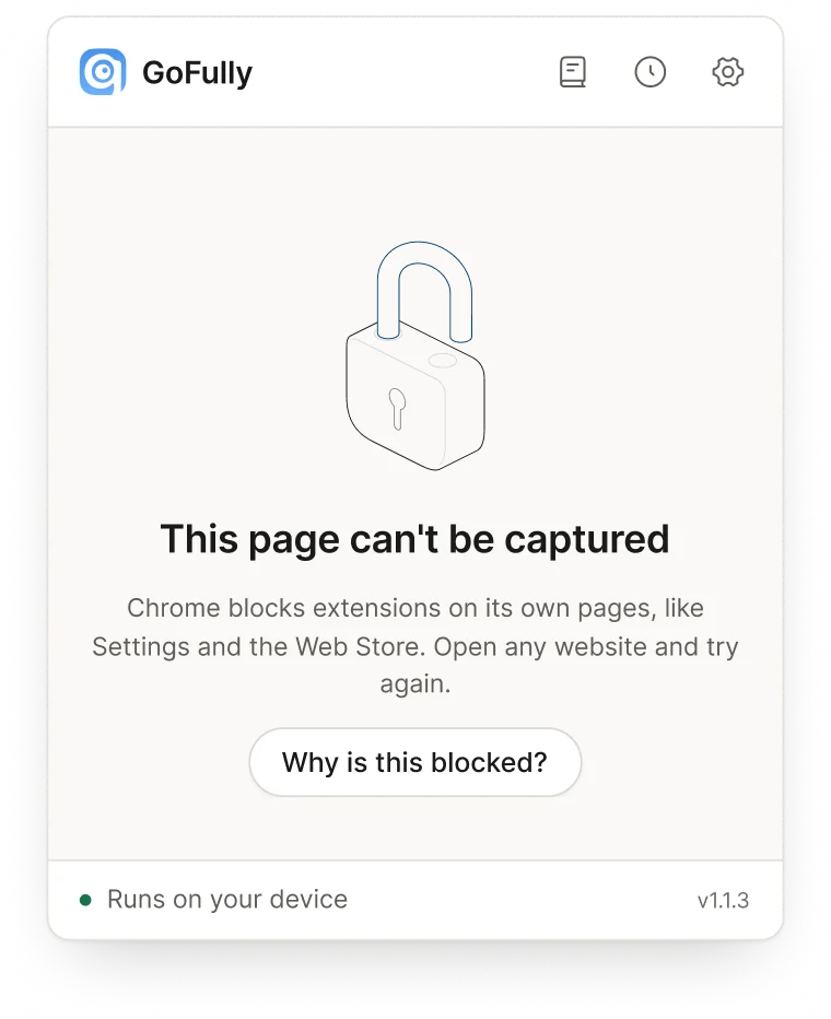 Popup: this page can't be captured, with an explanation