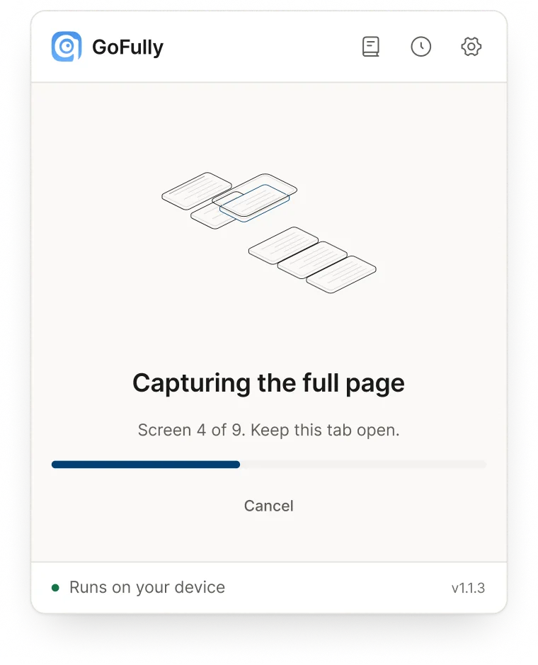 Popup capturing the full page with a progress bar
