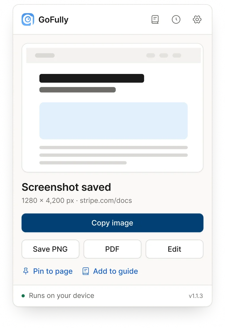 Popup capture complete with copy, save, PDF and edit actions