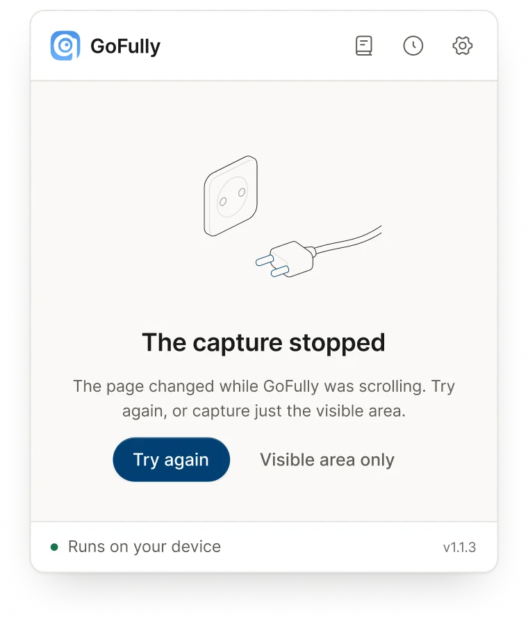 Popup: the capture stopped, with Try again and Visible area only
