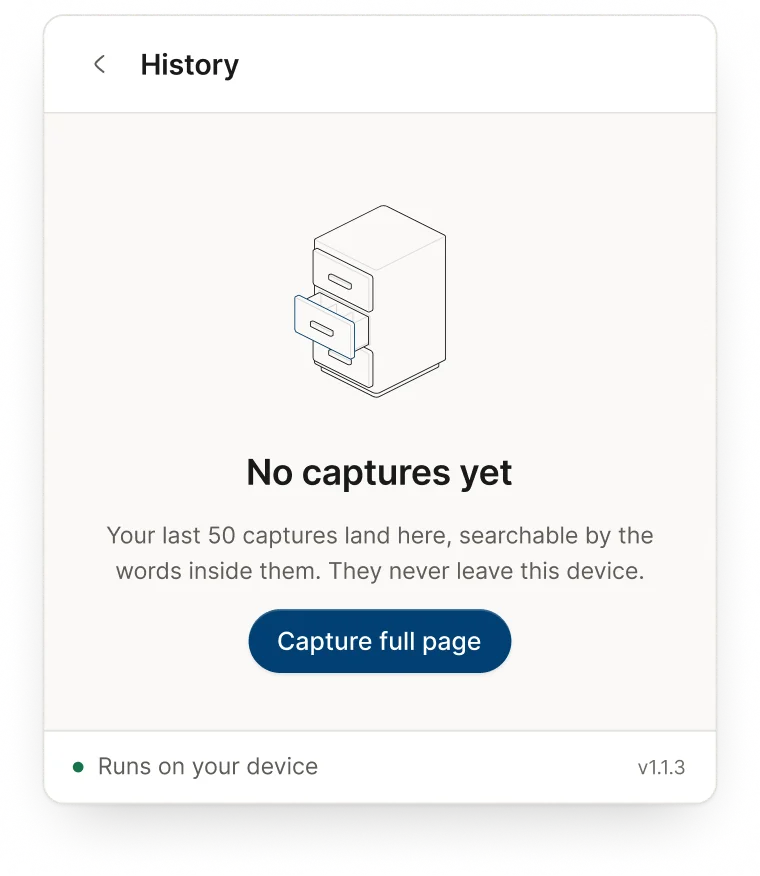 Popup history empty state with a Capture full page button