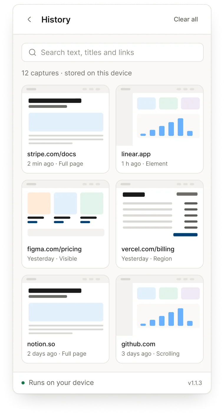 Popup history listing past captures with thumbnails