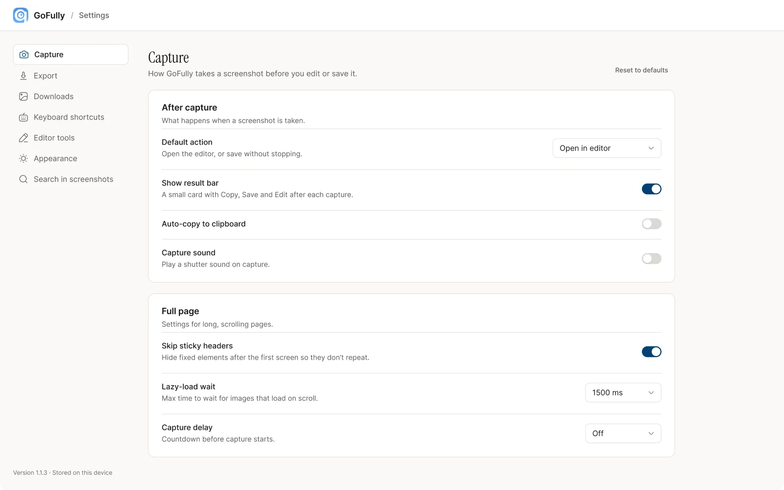 Settings: capture options