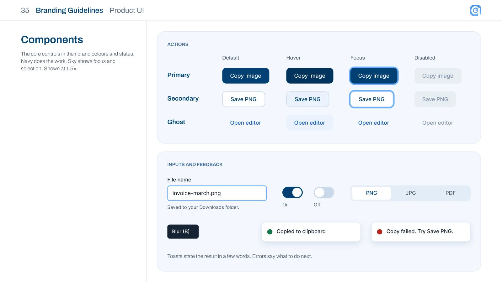 Components: primary, secondary and ghost buttons in four states, inputs, toggles and toasts
