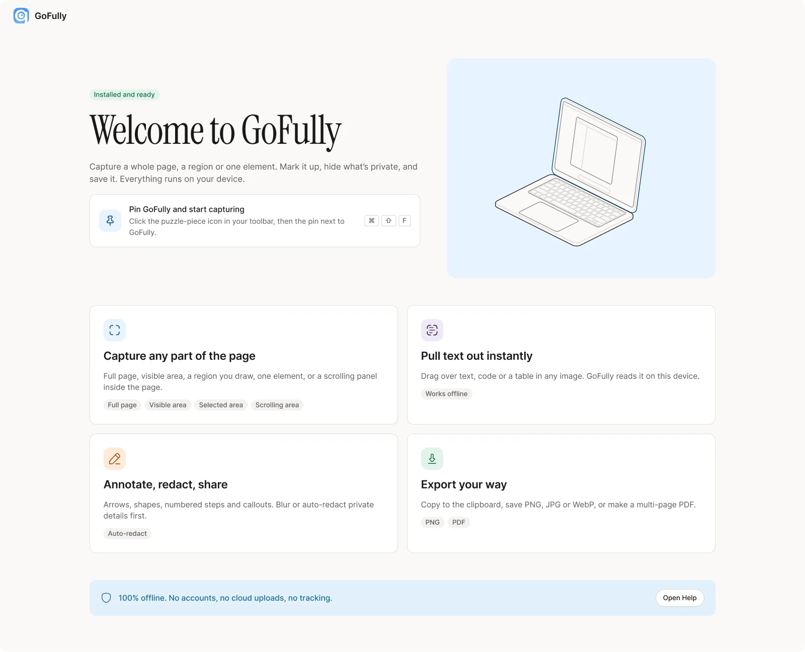 Welcome page shown after install, teaching the first capture