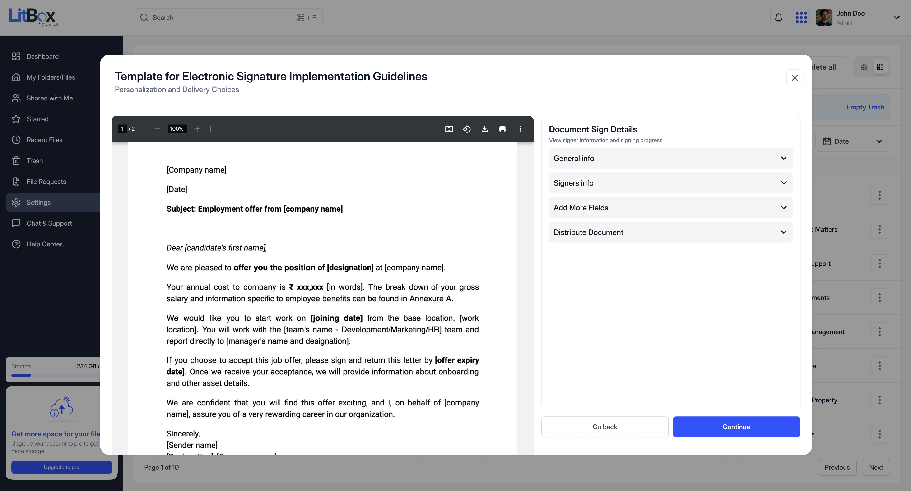 LitBox document view with an OmnisProof e-signature setup modal open on top, showing document sign details with general info, signers info, add more fields, and distribute document sections