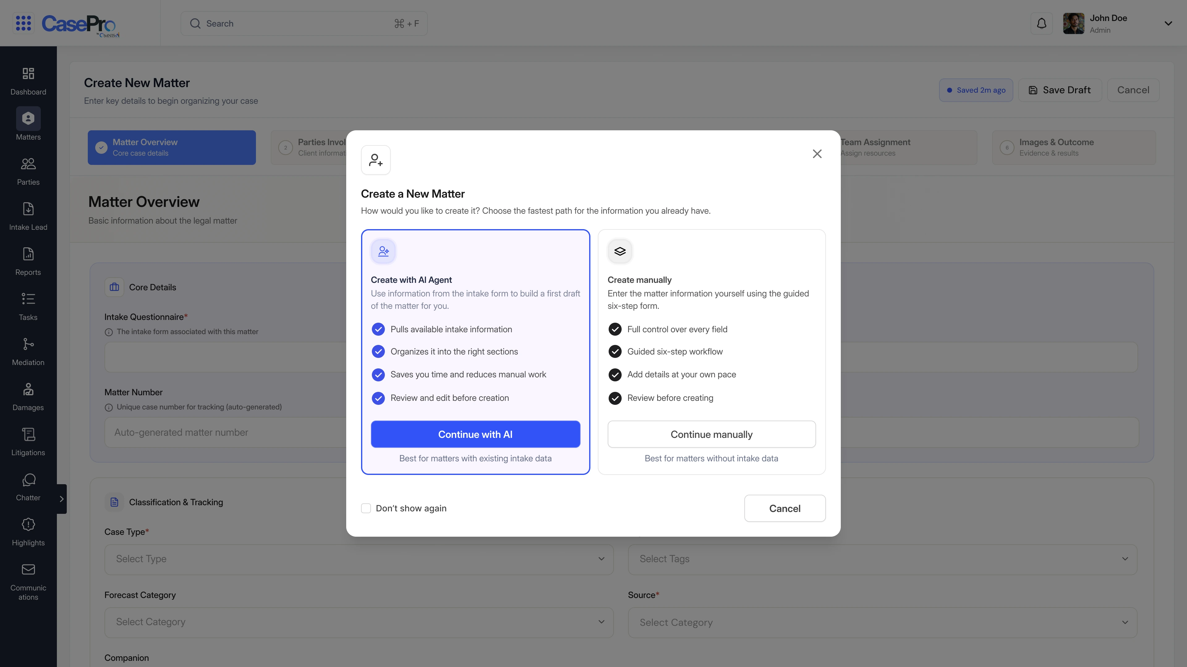 CasePro Create New Matter screen with a modal asking the user to choose between Create with AI Agent and Create Manually