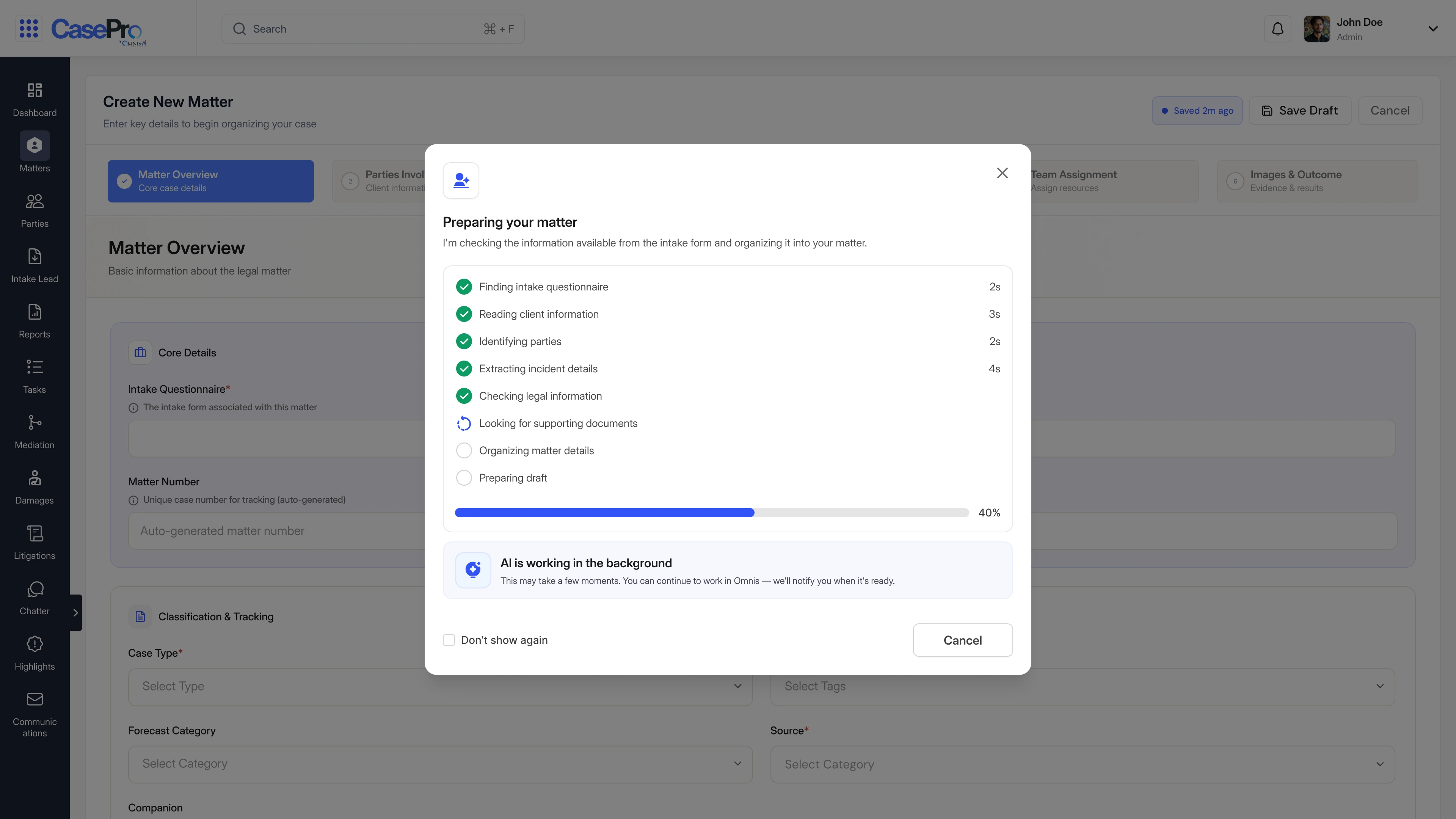 Preparing your matter modal listing eight sequential steps with checkmarks and a note that AI is working in the background and the user can continue working elsewhere