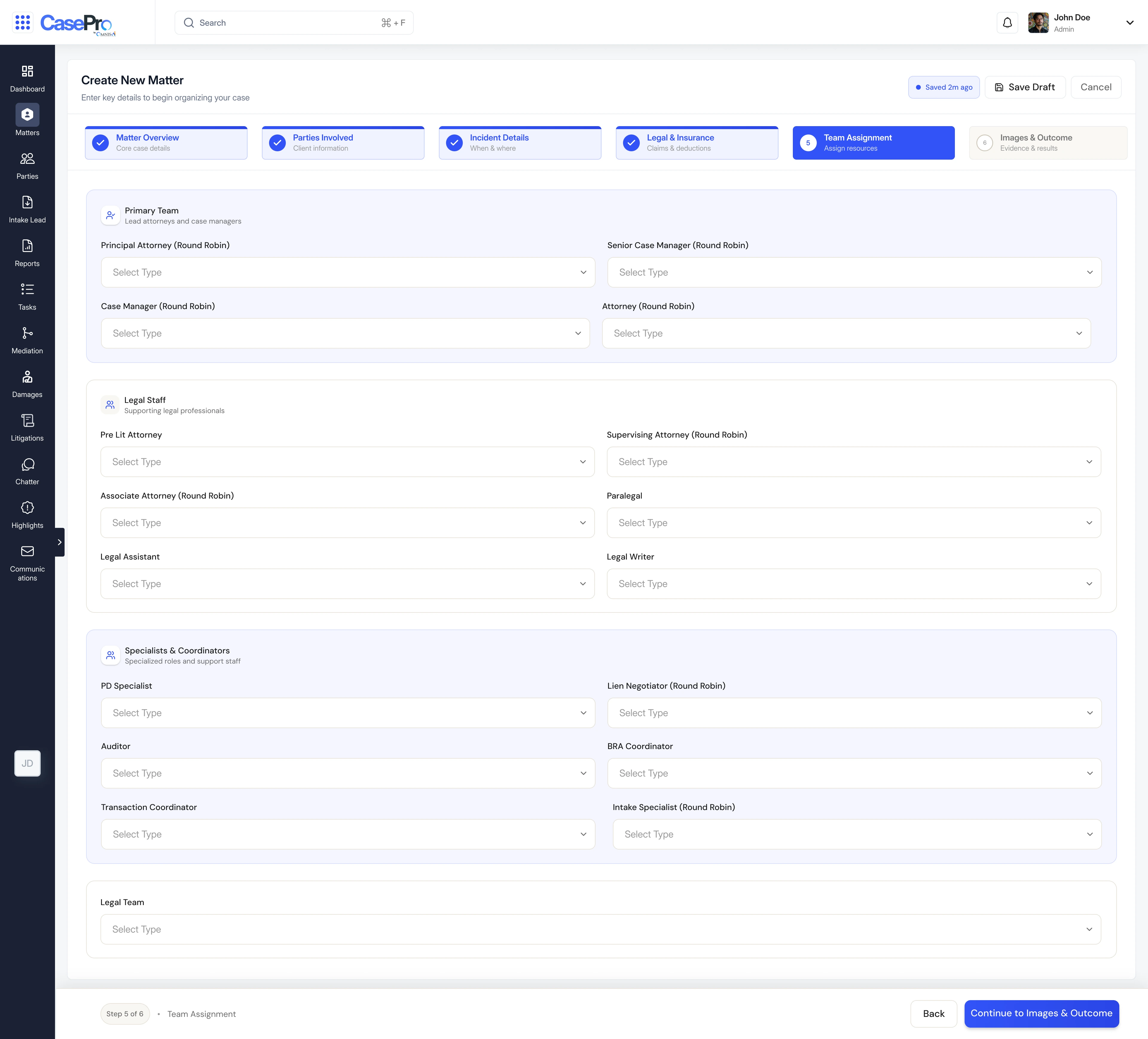 Manual flow step 5, Team Assignment, with Principal Attorney, Senior Case Manager, and other roles each labeled Round Robin as a staffing suggestion