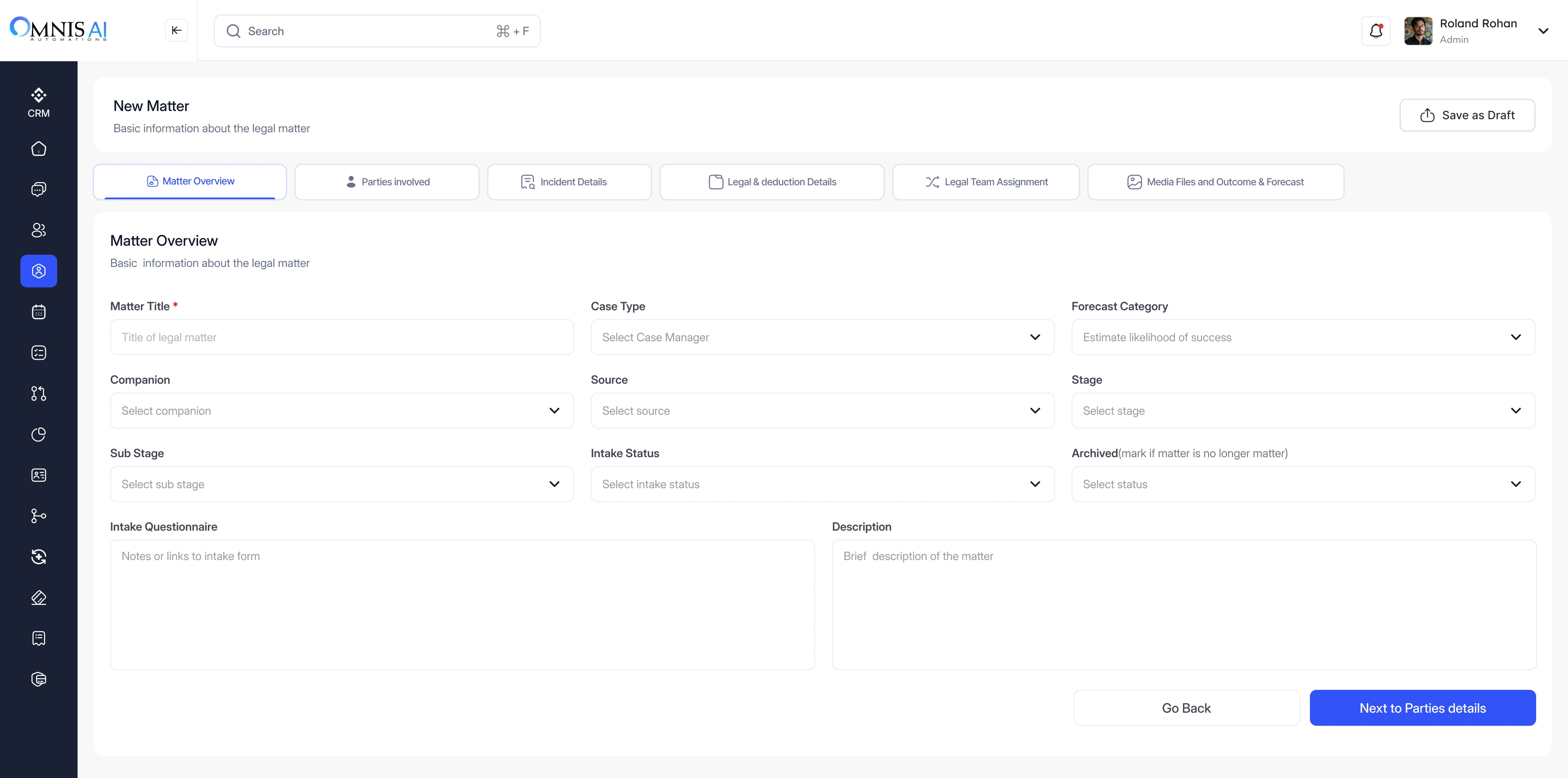 Legacy New Matter wizard, step 1 of 6, Matter Overview, with an Intake Questionnaire field that is a single freeform textarea labeled Notes or links to intake form