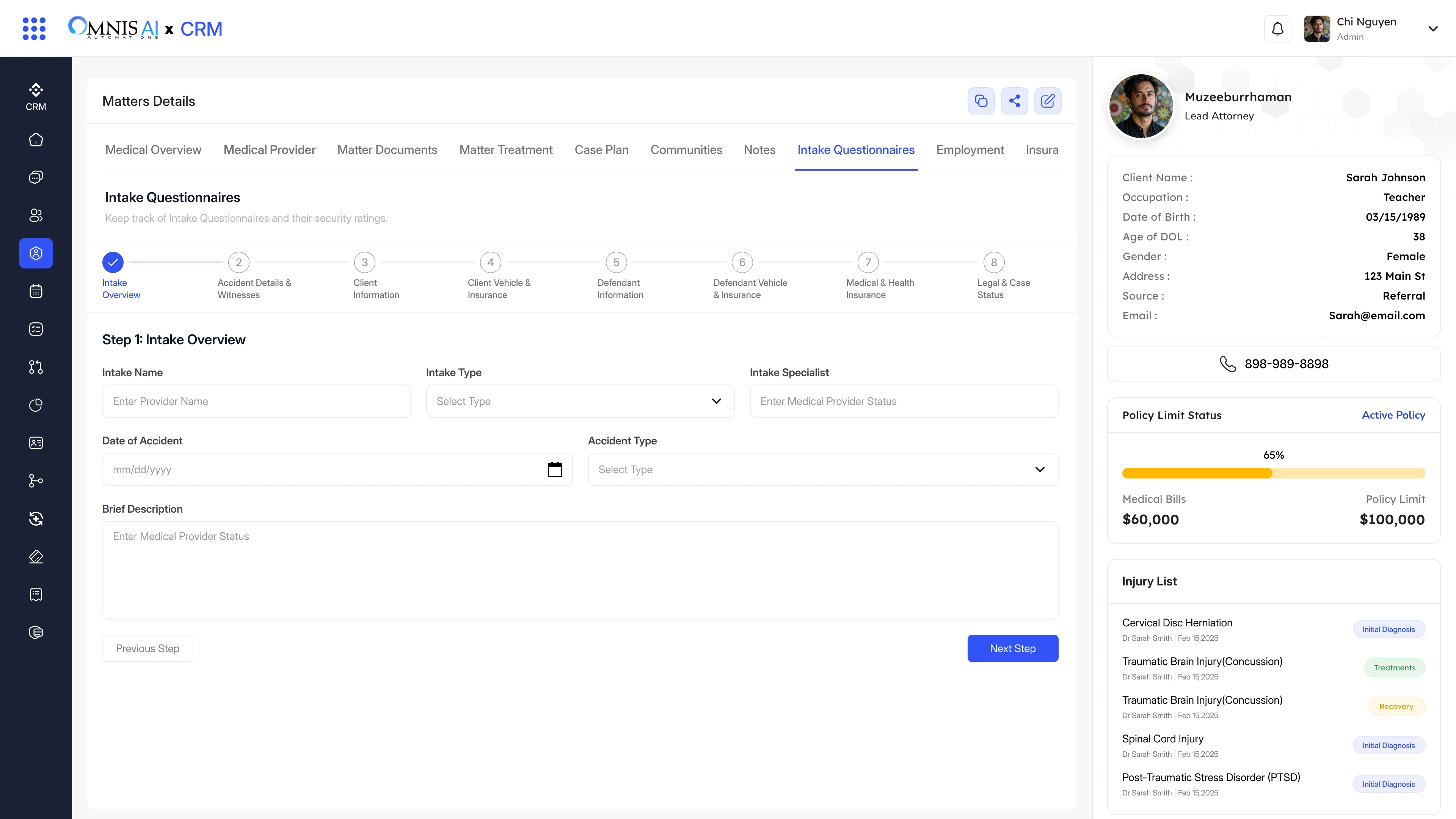 Legacy Matters Details record with an Intake Questionnaires tab open, showing an 8-step wizard nested seven tabs deep inside an already created matter