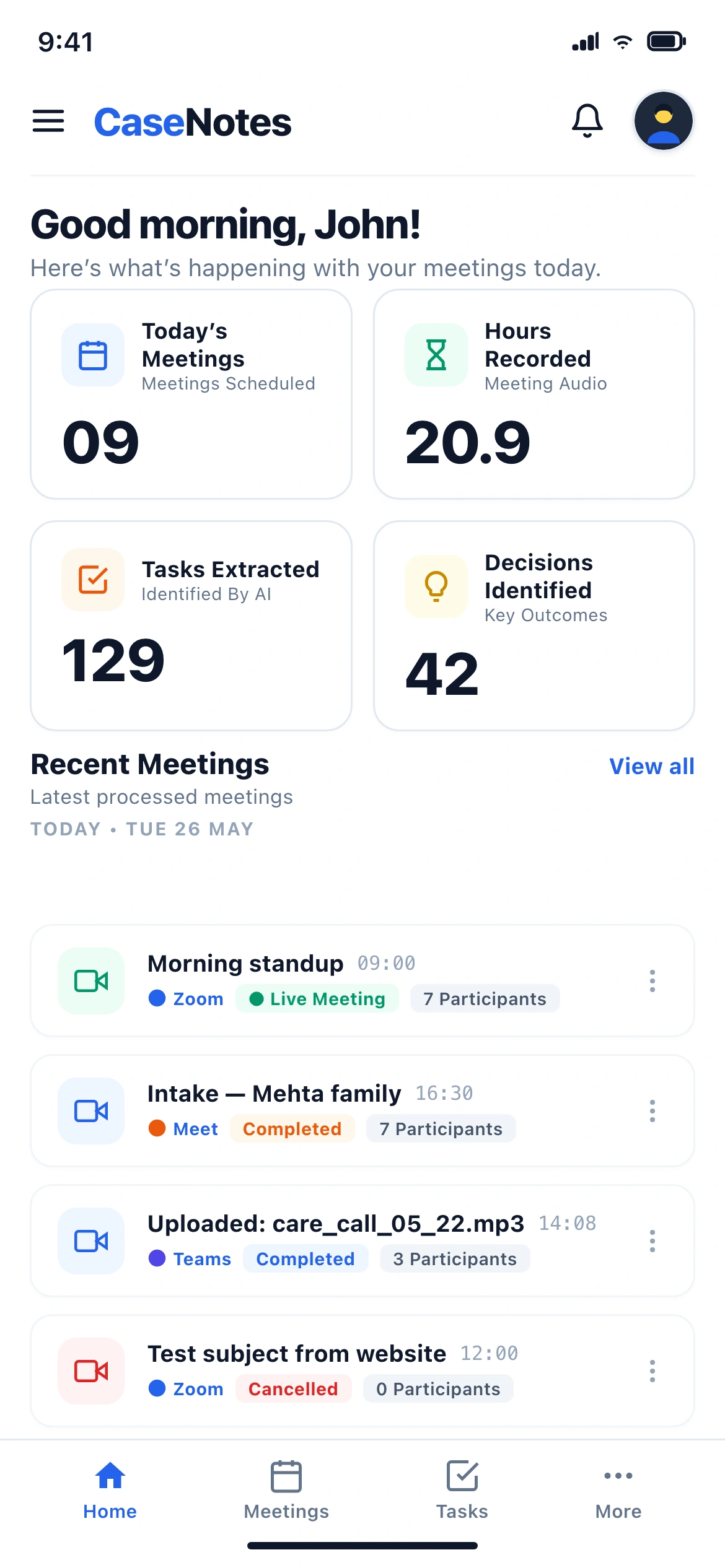 CaseNotes mobile dashboard with the day's meetings and practice metrics