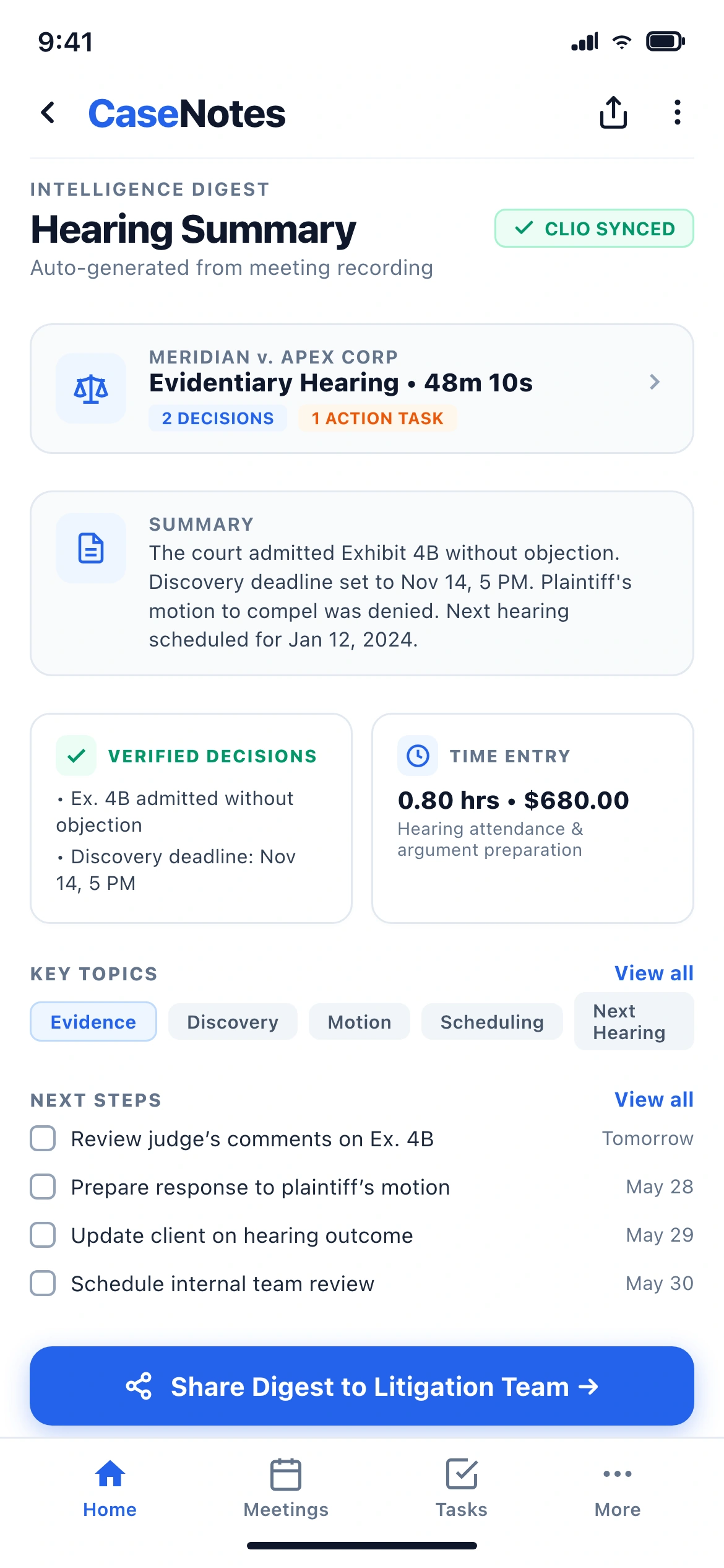CaseNotes mobile digest with verified decisions and billing entries