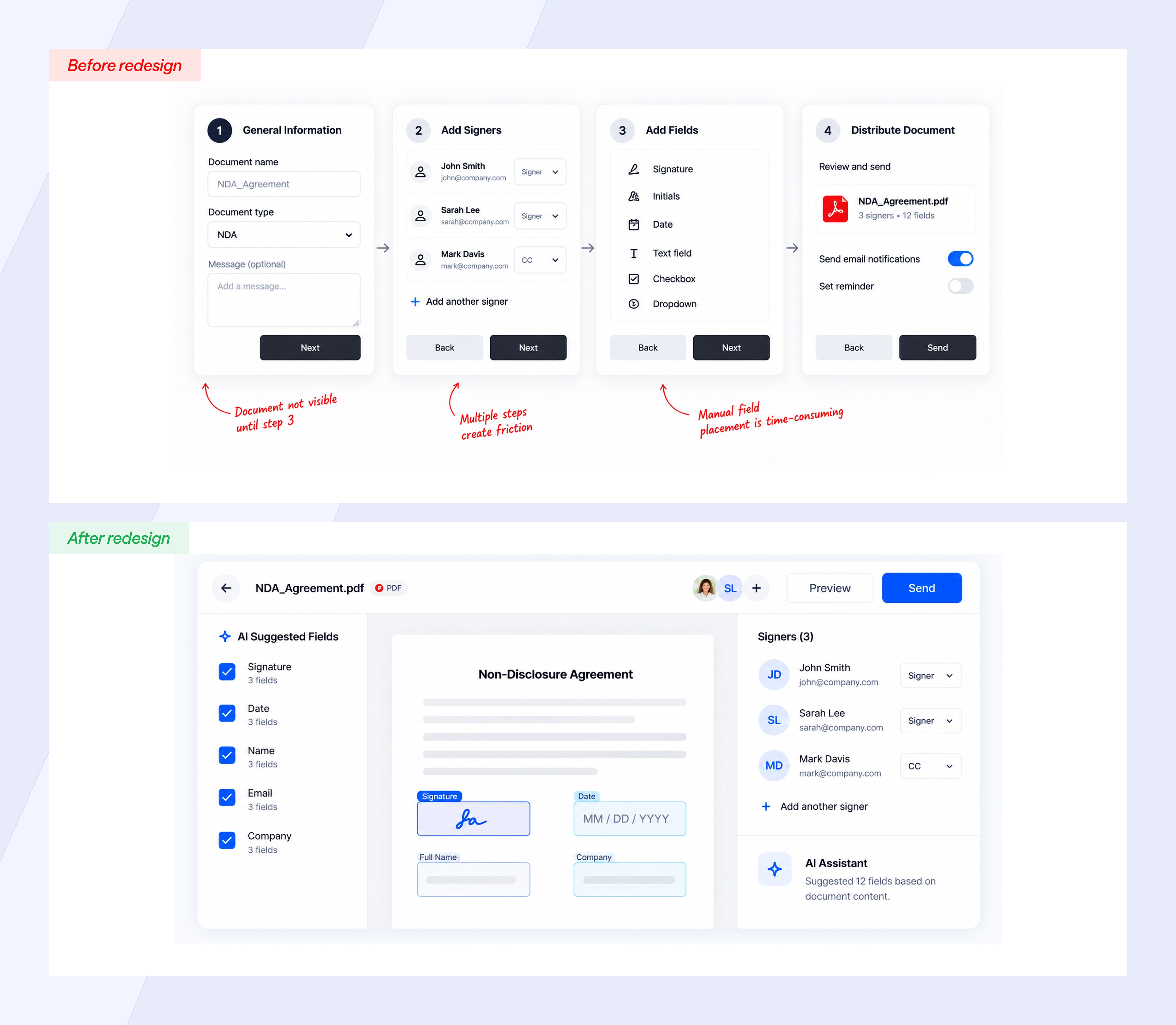 Before vs After Redesign: Comparing the 4-step disconnected setup wizard with the document-first workspace powered by AI suggested fields