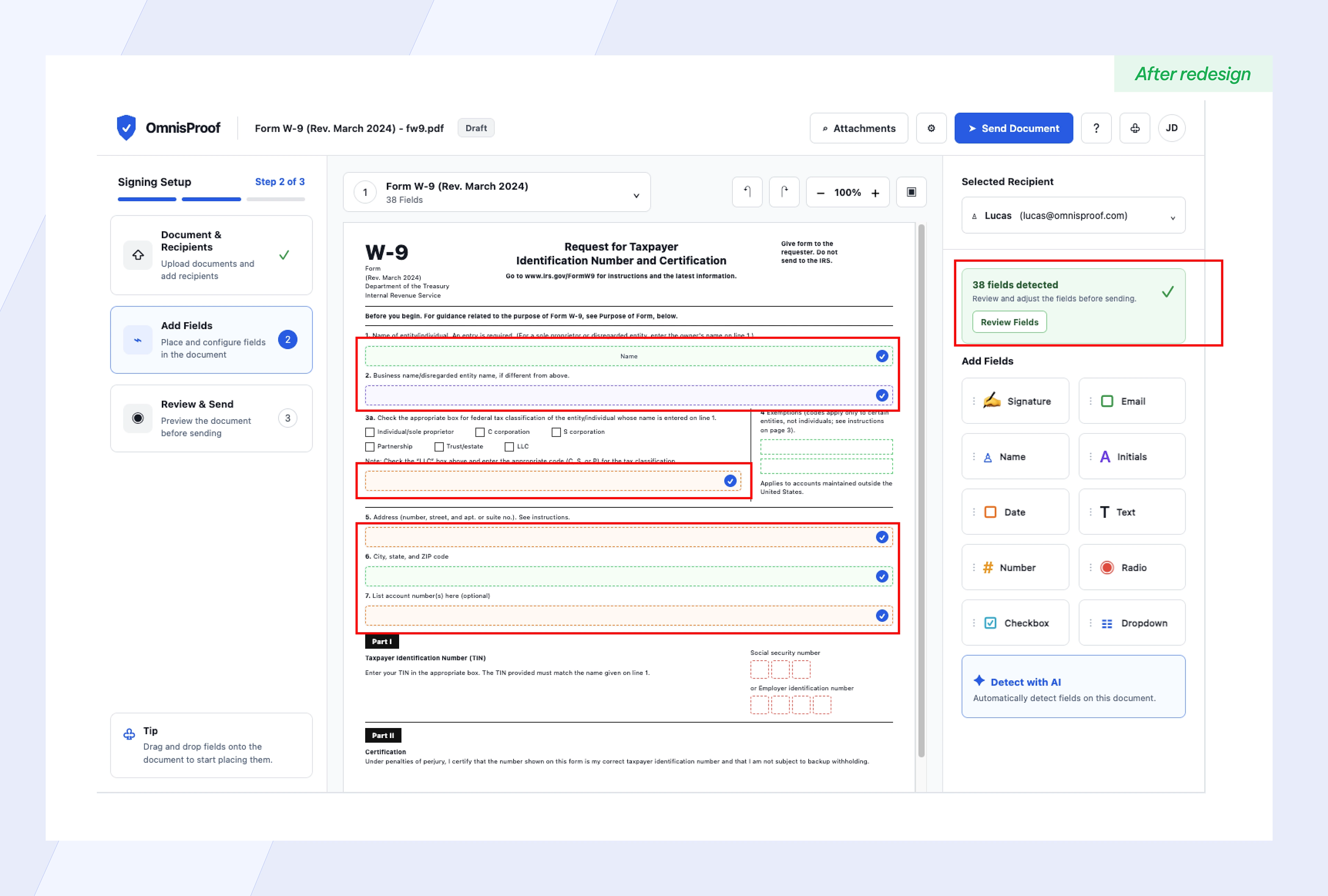 02 · AI-Assisted Detection: Reviewable suggested signing fields