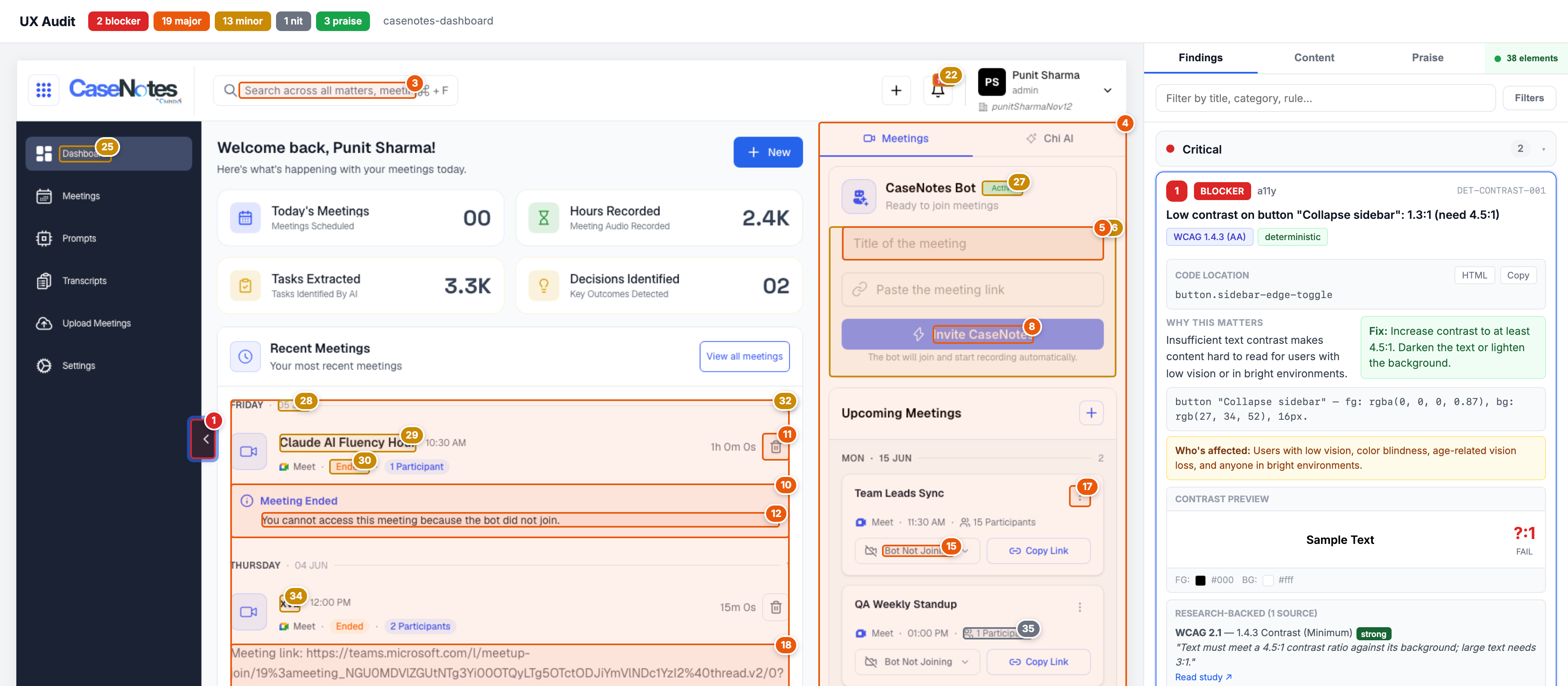 Omnis UX Audit Engine live report preview: CaseNotes dashboard scan with expanded critical contrast findings