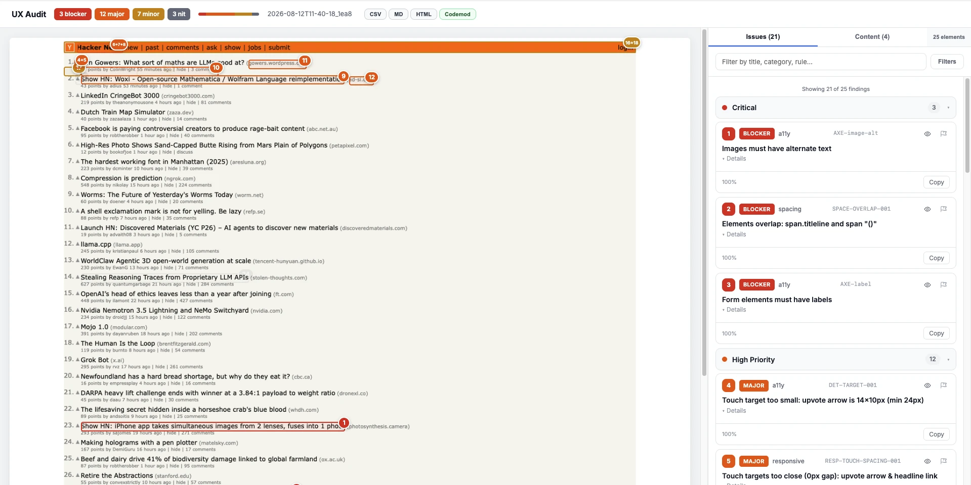 After: automated report with annotated screen and DOM-anchored finding cards