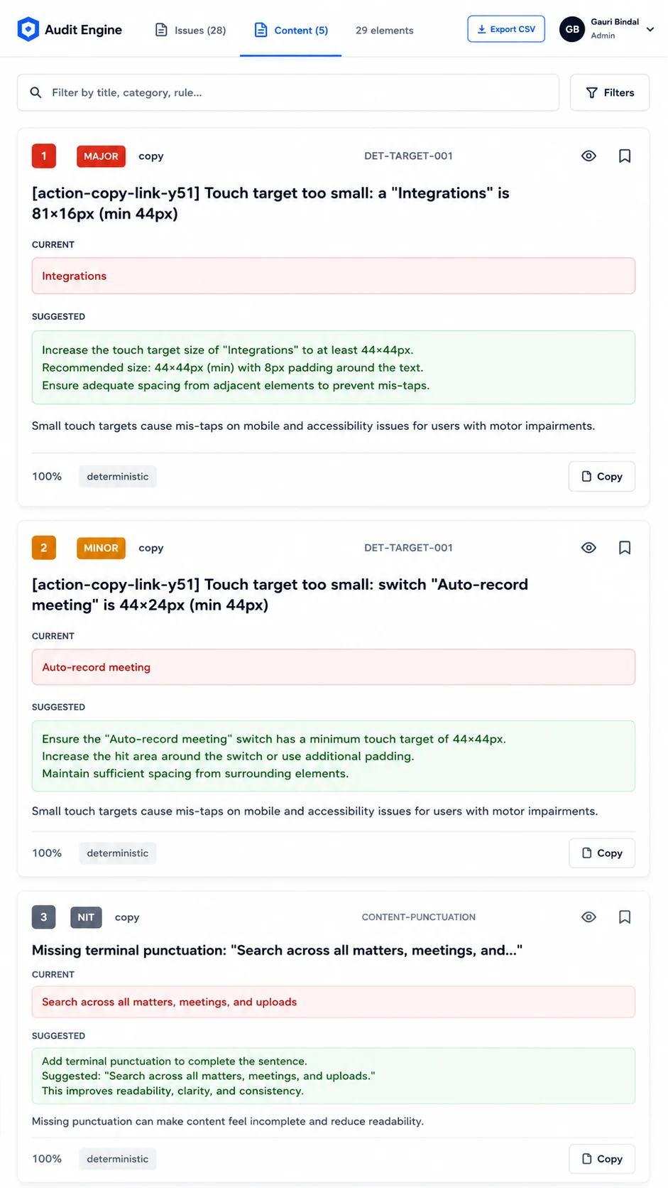 Content review track: text suggestions reviewed and edited independently from code rules