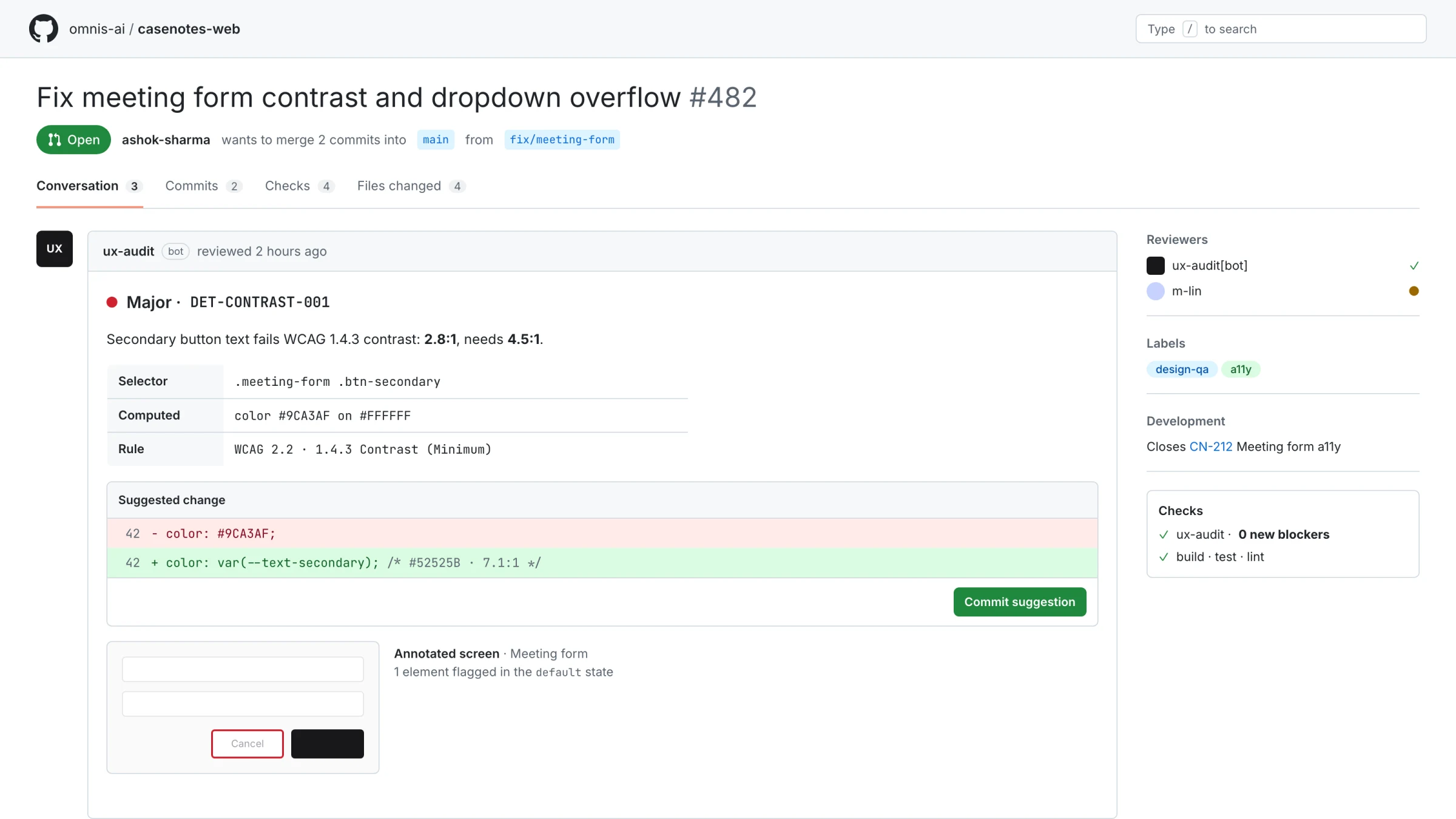 A finding inside a GitHub pull request, with selector, measured colors and a suggested fix