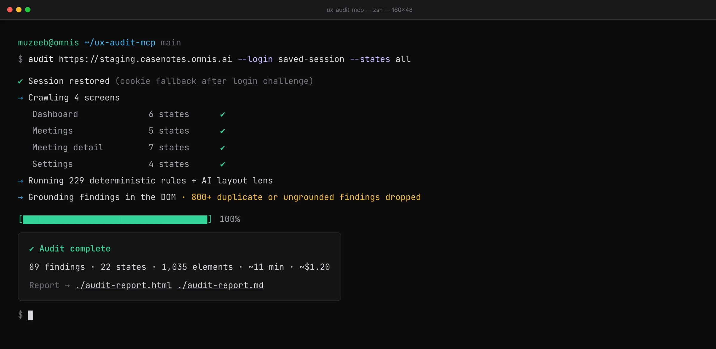 Terminal output of one audit run, ending with 89 findings and two report files