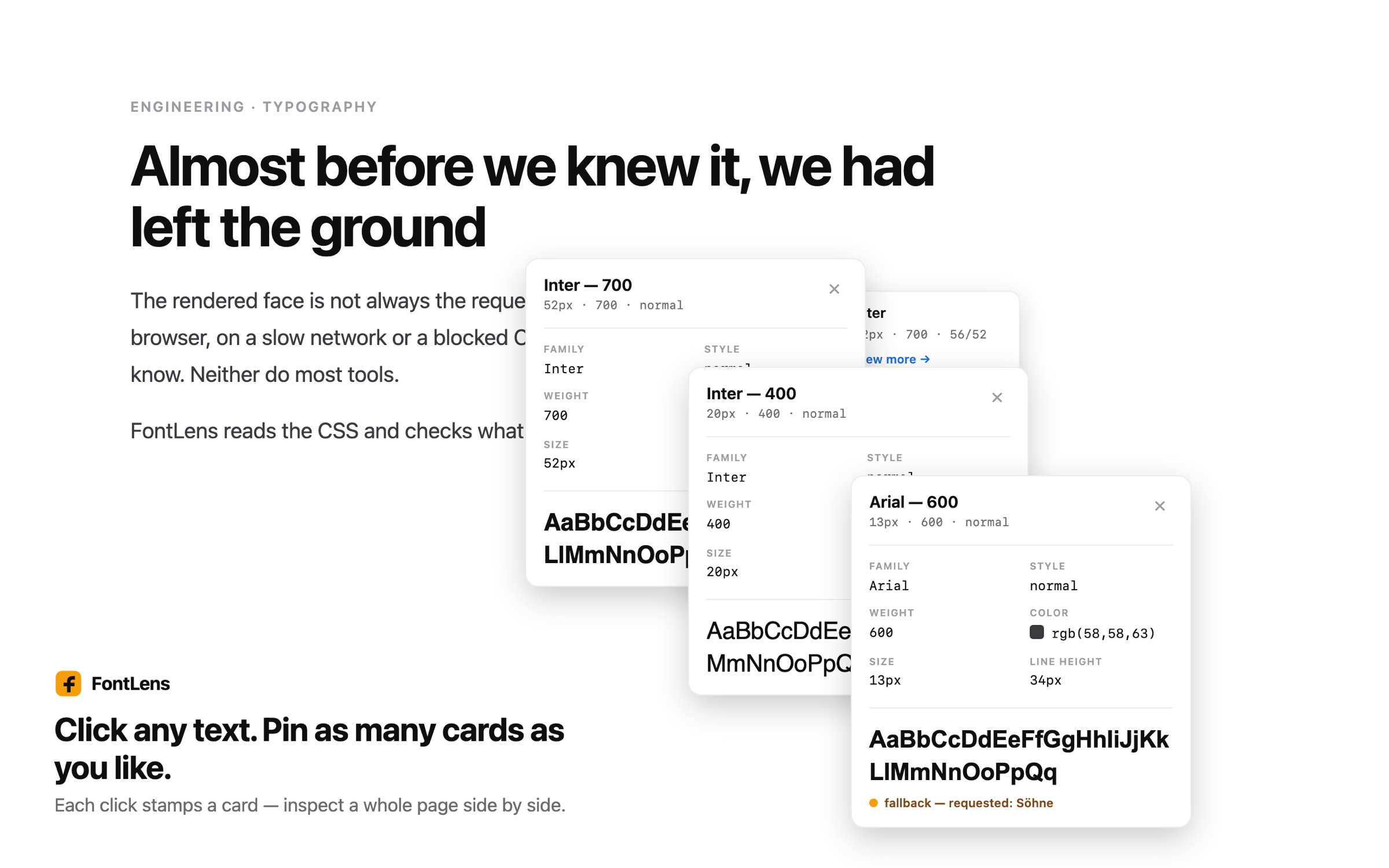 Multiple pinned cards stamped across a page, including an Arial fallback card that requested Söhne